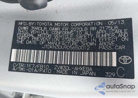 2013 Toyota Prius Two z USA, uszkodzony, nr VIN JTDKN3DU9D5650012
